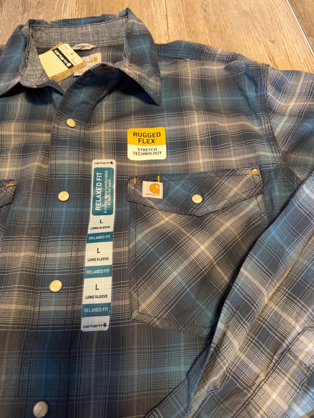 Carhartt Relaxed Fit Blue and Gray Plaid Long-Sleeve Button-Up Shirt - Picture 3 of 6